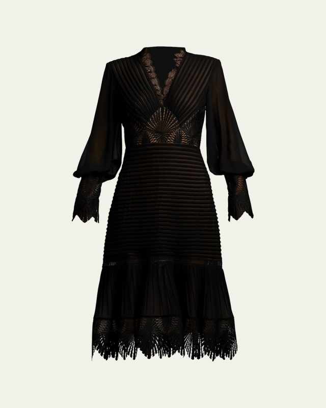Lace-Inset Pleated Chiffon Midi Dress